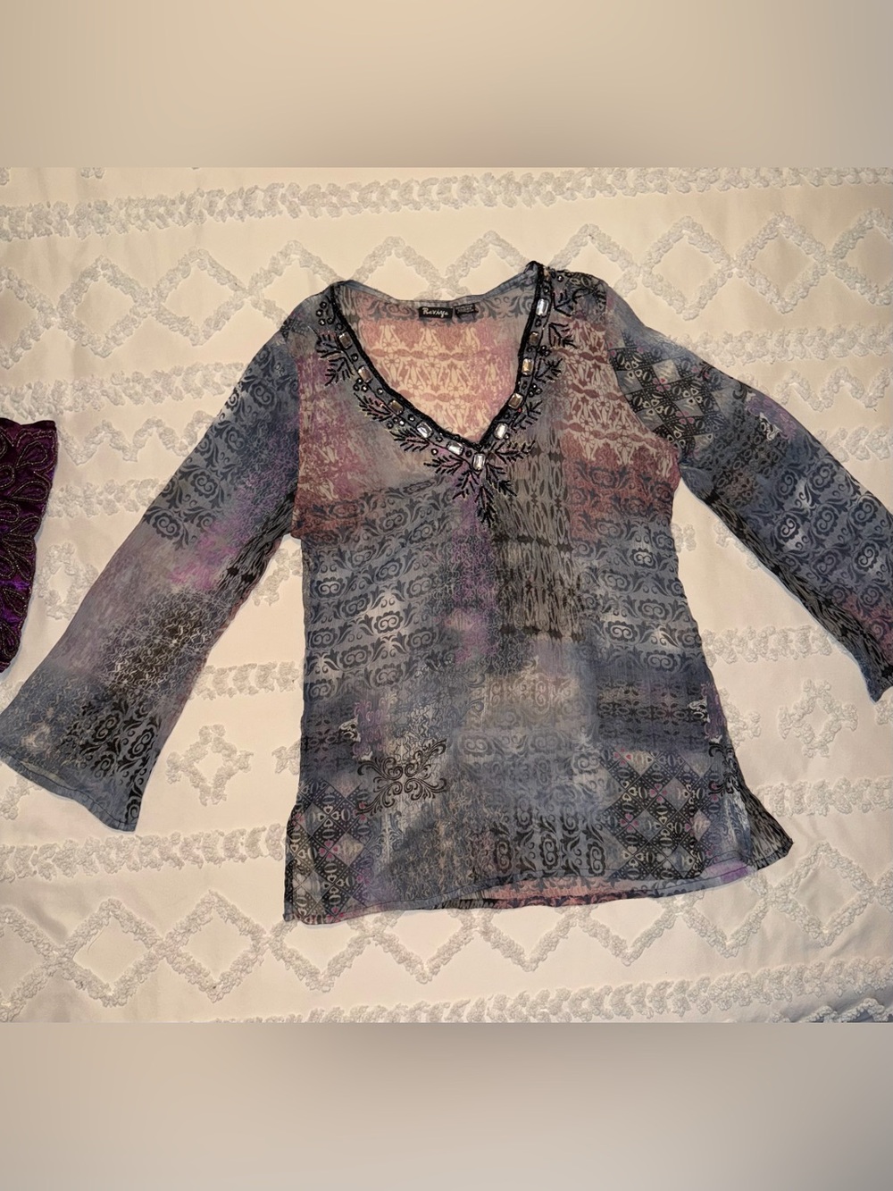 Bisou Bisou Sheer Multi-Tone V-Neck Blouse - Purple, Blue